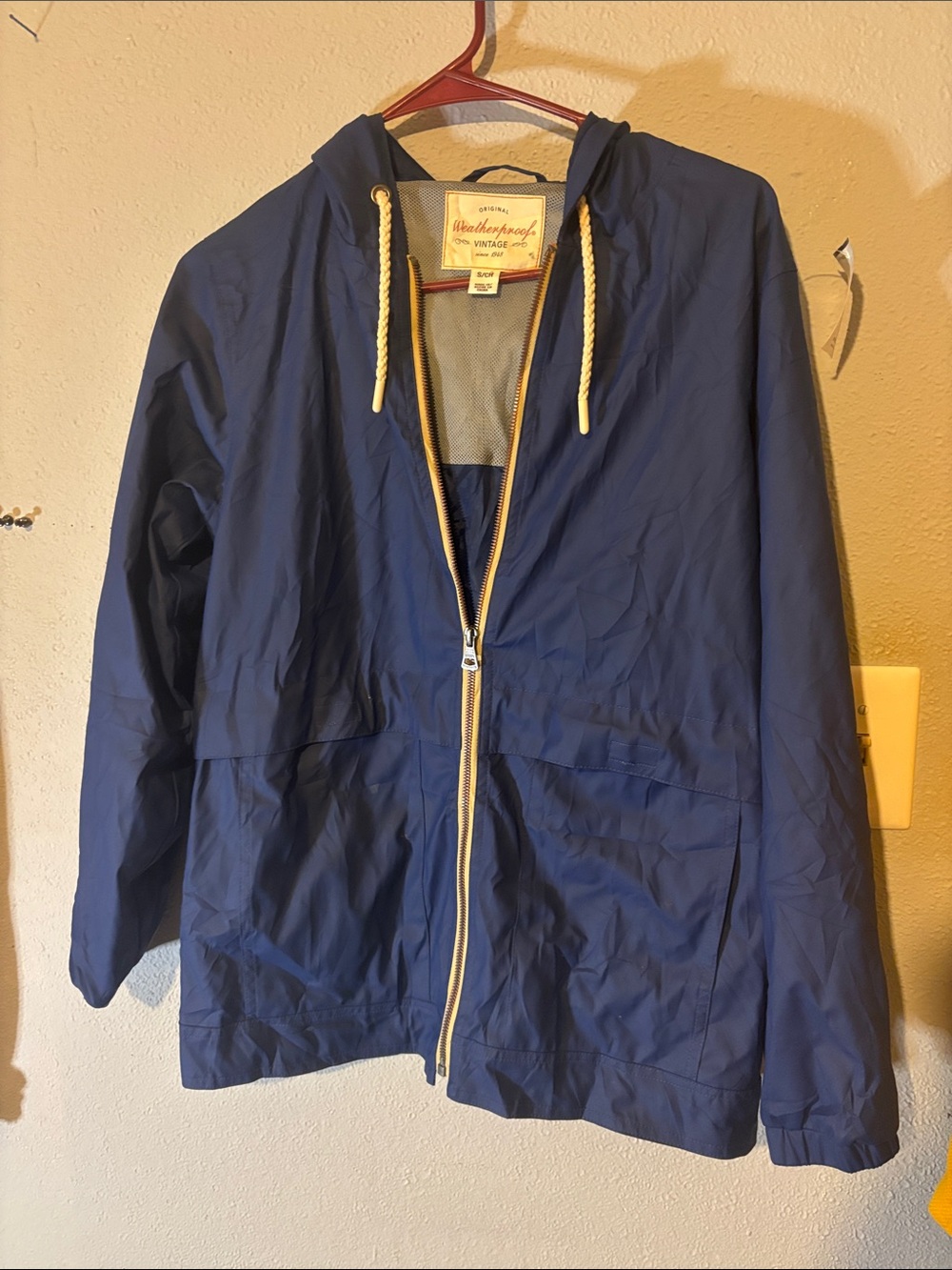 Weatherproof Men's Navy Hooded Zip Windbreaker with Contrast Drawcords